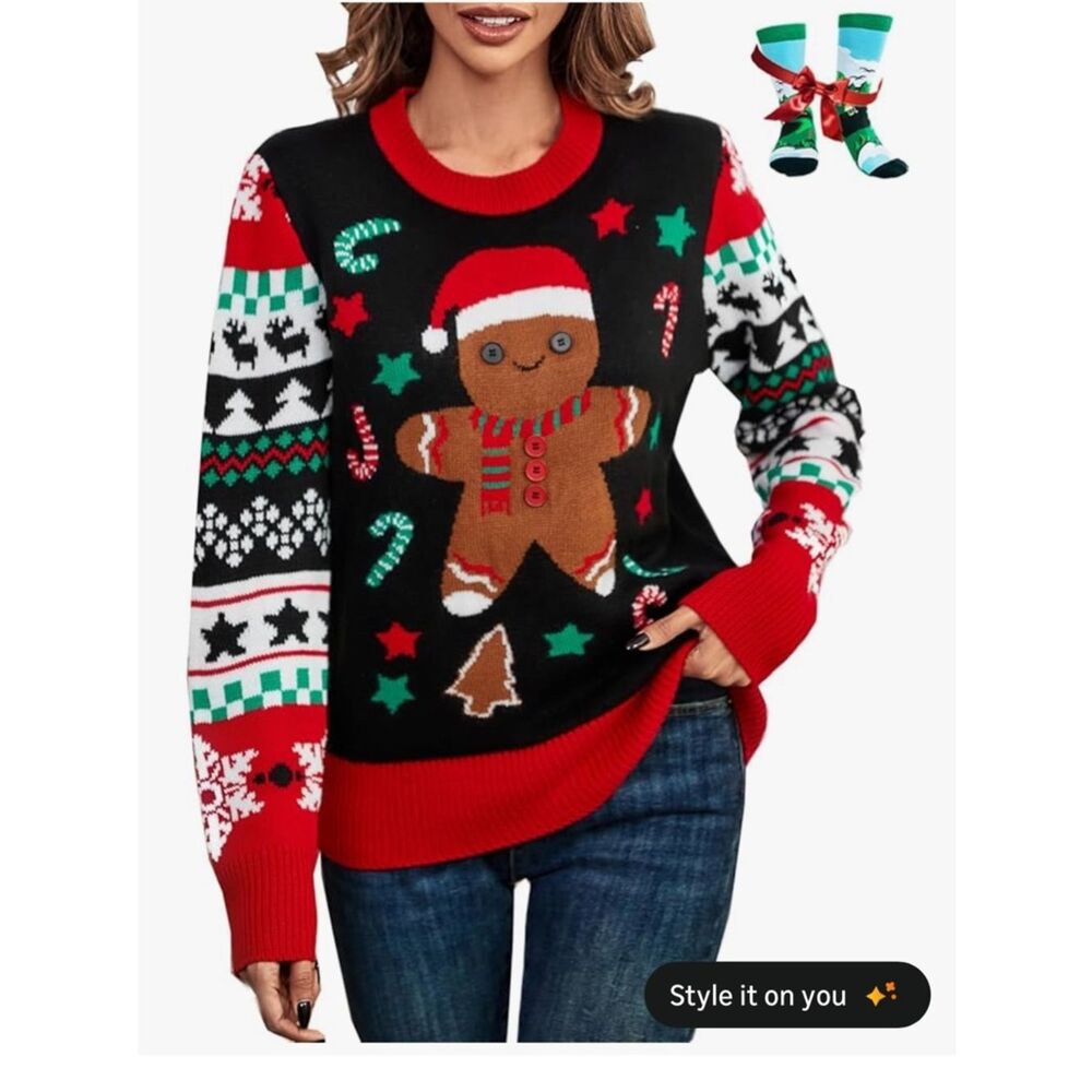 NWT XL Set‎ Holiday Gingerbread Knit Sweater & Socks- Black/Red
